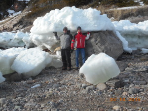 Kevin and me holding ice on top of the well known boulder.